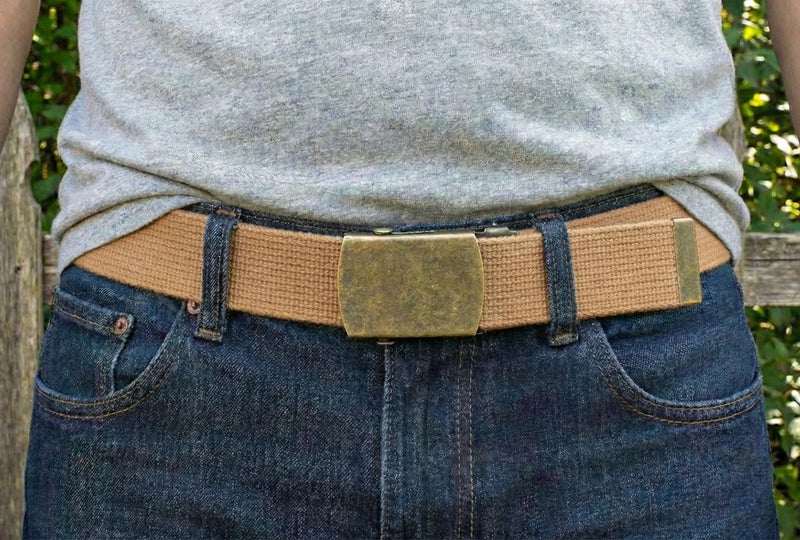 BC Belts Canvas Web Belt Military Style with Antique Brass Buckle and Tip 50" Long (Light Brown) - Image 2